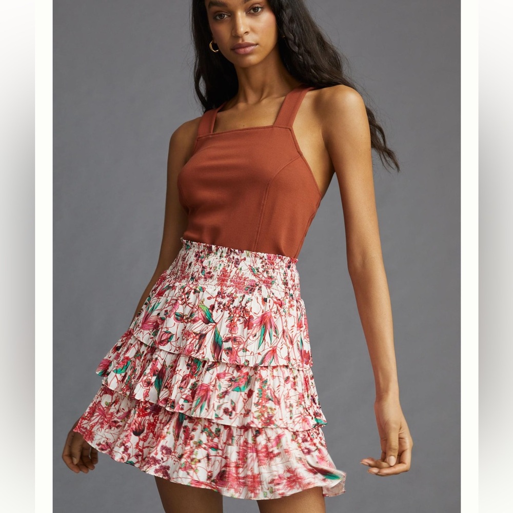 Anthropologie Silky Tiered Silky Mini Skirt
